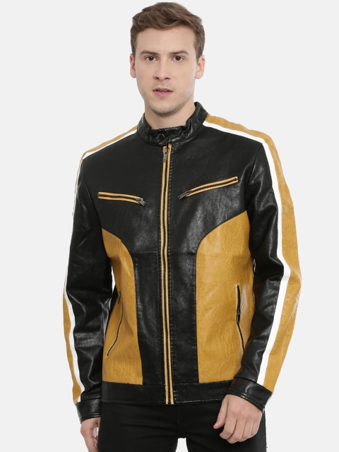 SHOWOFF Men Black Colourblocked Water Resistant Leather Jacket