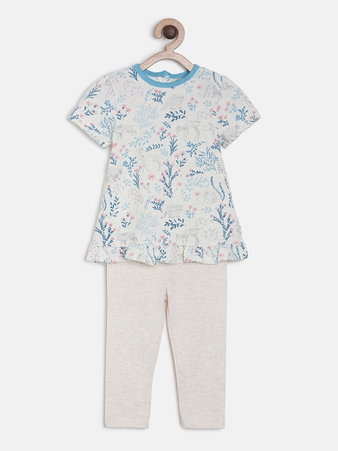 MINI KLUB Girls Blue & Off-White Printed Top with Trousers