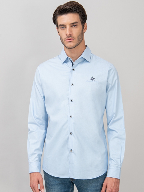 Beverly Hills Polo Club Men Blue Solid Casual Jacquard Shirt