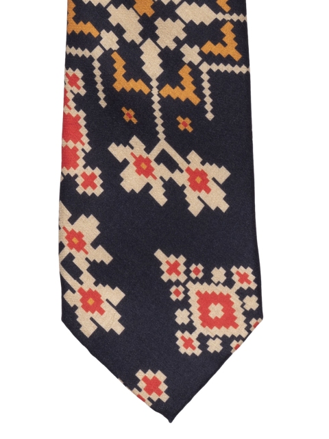 The Tie Hub Navy Blue & Off-White Patola Printed Broad Tie
