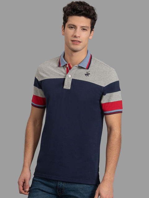 Beverly Hills Polo Club Men Navy Blue & Grey Colourblocked Polo Collar T-shirt