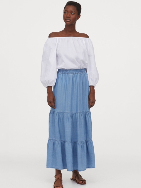 H&M Blue Solid Lyocell Maxi Skirt