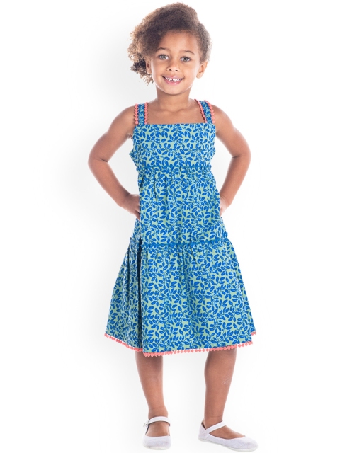 Cherry Crumble Girls Blue & Green Floral Printed Empire Dress