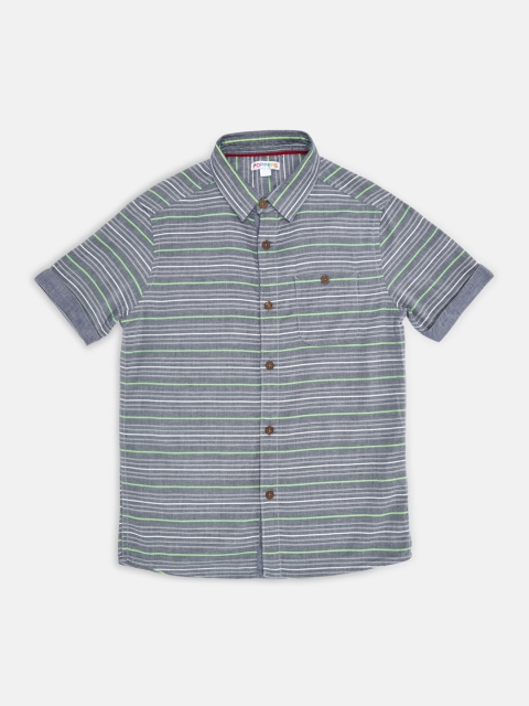 POPPERS by Pantaloons Boys Grey & Green Regular Fit Striped Casual Shirt
