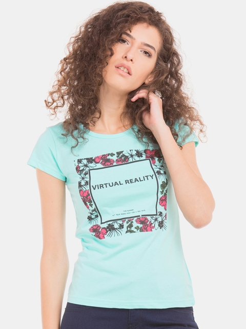 Sugr Women Blue Printed Round Neck T-shirt