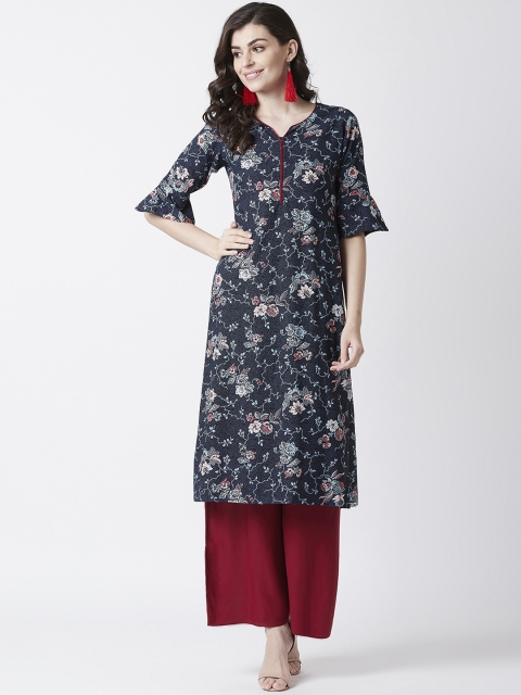 Tissu Women Black & Blue Floral Printed Kurta with Palazzos