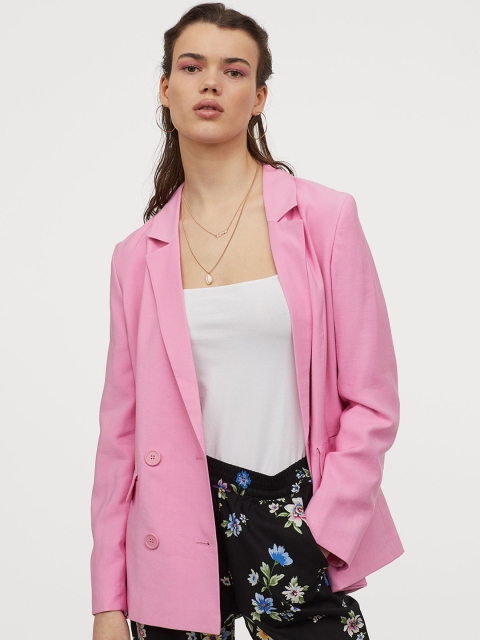 H&M Women Pink Solid Double-Breasted Jacket
