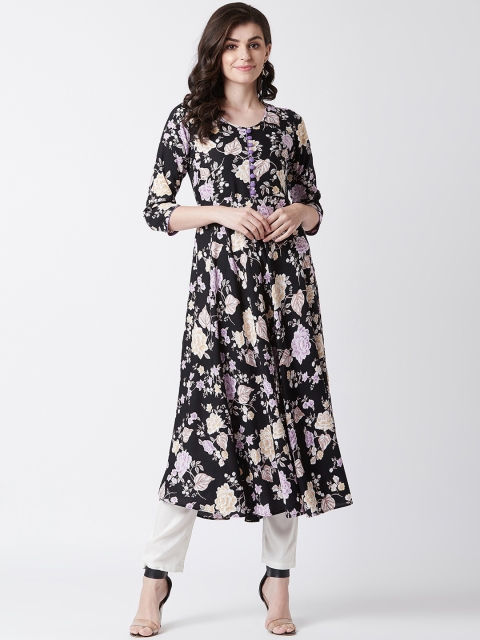 Tissu Women Black & Lavender Floral Printed A-Line Kurta