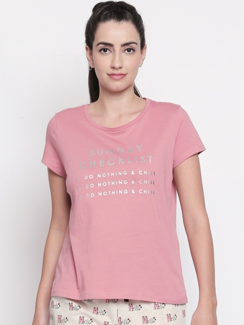 Dreamz by Pantaloons Women Pink Printed Knitted Pure Cotton Lounge tshirt