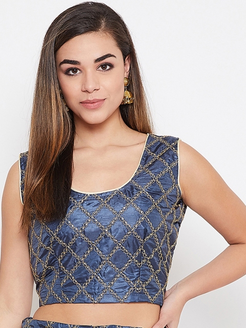 TULIP 21 Women Navy Blue & Gold-Coloured Thread Work Saree Blouse