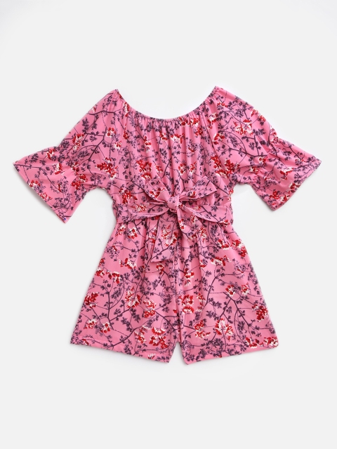 KIDSCRAFT Girls Pink & Red Printed Basic Playsuit
