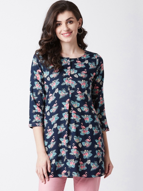 Tissu Women Navy Blue & Pink Flamingo Print Straight Kurti
