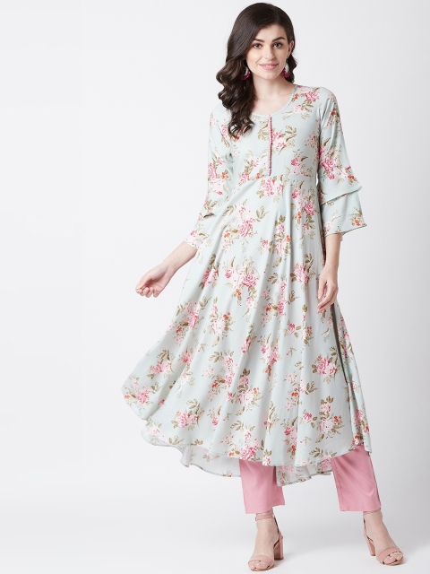 Tissu Women Green & Pink Floral Print A-Line Kurta
