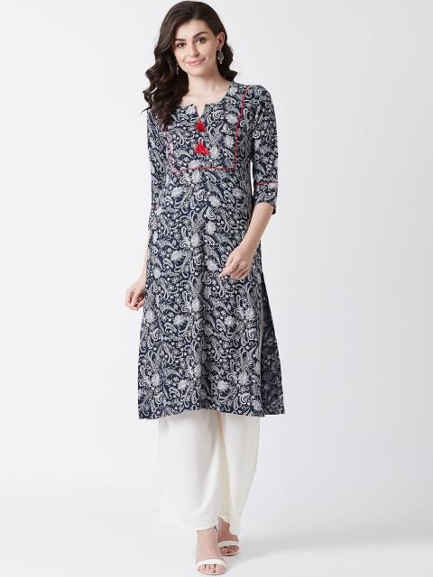 Tissu Women Navy Blue & White Printed Kurta with Palazzos