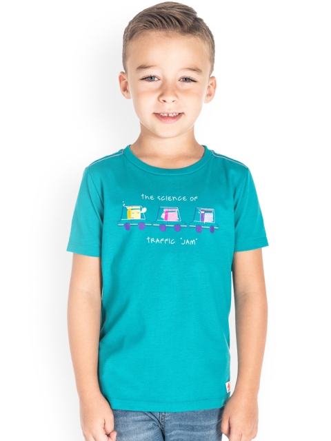 Cherry Crumble Boys Teal Blue Printed Round Neck T-shirt
