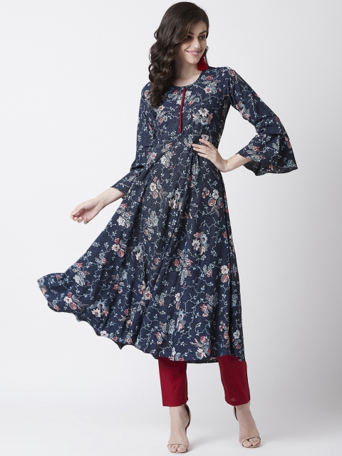 Tissu Women Navy Blue & Red Printed A-Line Kurta