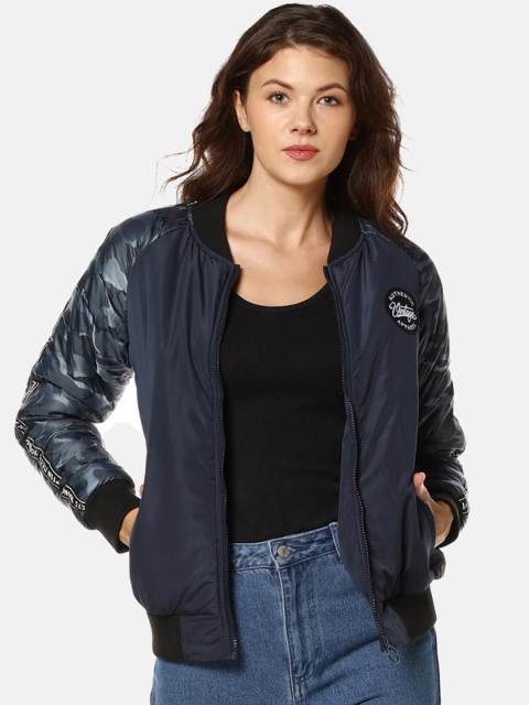 Campus Sutra Women Dark Blue Camouflage Print Bomber Jacket with Side Stripes