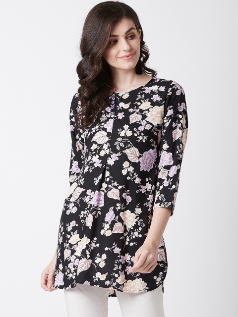 Tissu Women Black & Purple Floral Print Straight Kurti