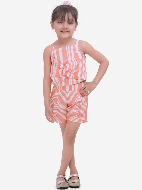 Fairies Forever Girls Peach-Coloured & White Striped Top with Shorts
