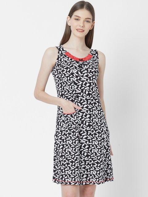 Juliet Women Black & White Printed Nightdress