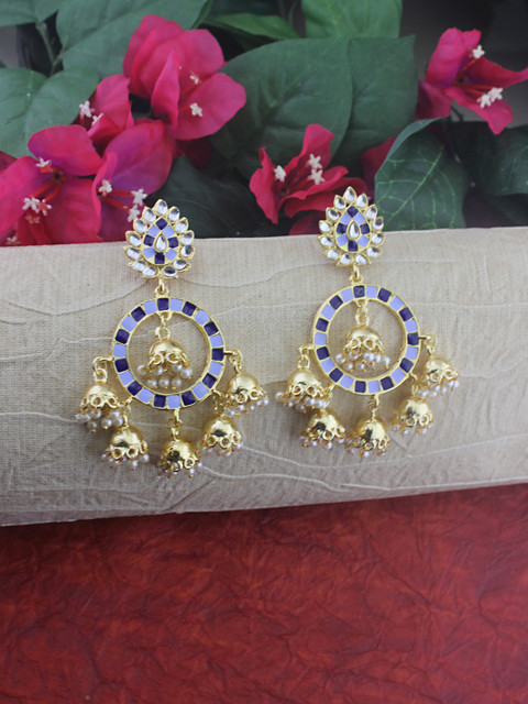Sia Art Jewellery Gold-Toned & Blue Dome Shaped Jhumkas
Sia Art Jewellery Gold-Toned & Blue Dome Shaped Jhumkas
