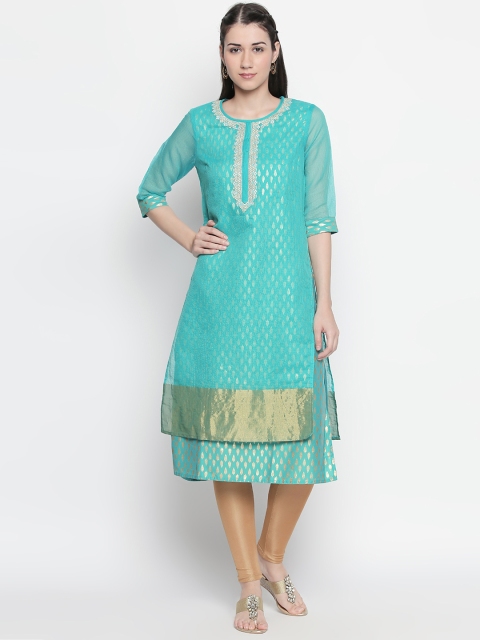 RANGMANCH BY PANTALOONS Women Turquoise Blue & Gold-Toned Printed A-Line Kurta