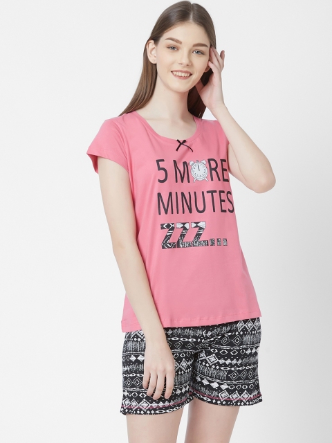 Juliet Women Pink & Black Printed Night suit