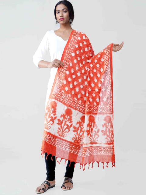 Unnati Silks Orange & White Dabu Printed Rajasthani Cotton Sustainable Dupatta