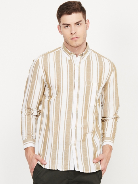 CODE by Lifestyle Men Khaki Slim Fit Striped Linen Casual Shirt