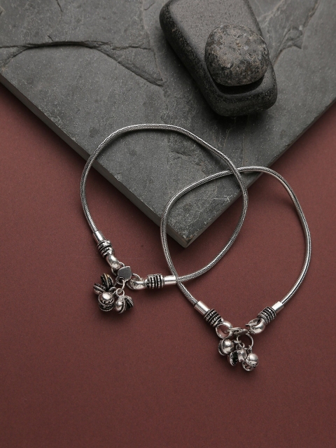 Infuzze Set Of 2 Silver-Plated & Black Oxidised Anklets