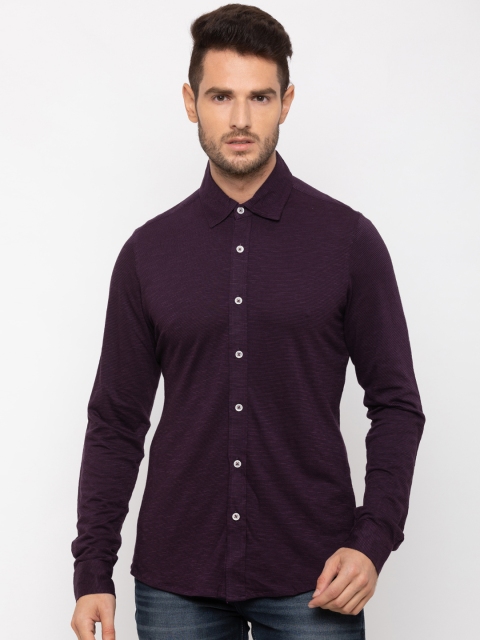 Nick&Jess Men Purple Slim Fit Self Design Casual Shirt