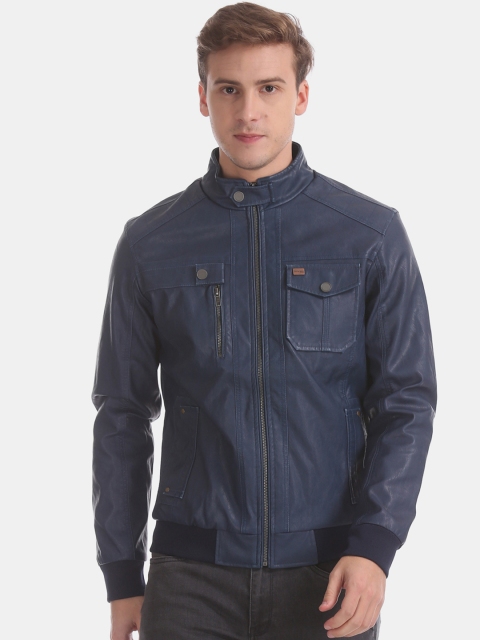 Cherokee Men Navy Blue Solid Biker Jacket