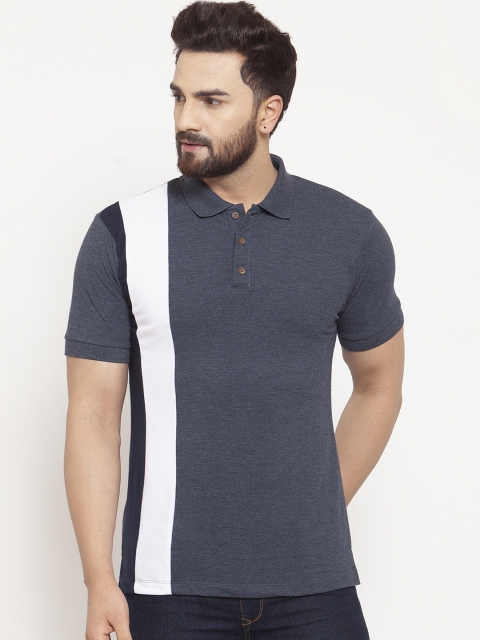 Kalt Men Blue Striped Polo Collar T-shirt