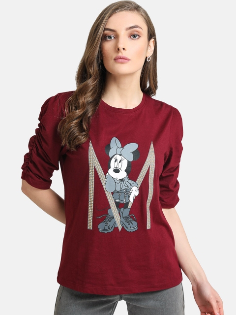 Kazo Women Maroon & Grey Printed Round Neck T-shirt