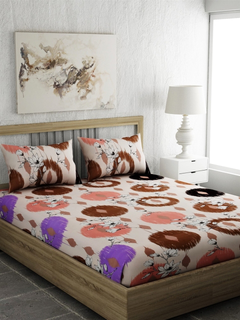EverHOME Beige & Maroon Geometric 210 TC Cotton 1 Queen Bedsheet with 2 Pillow Covers