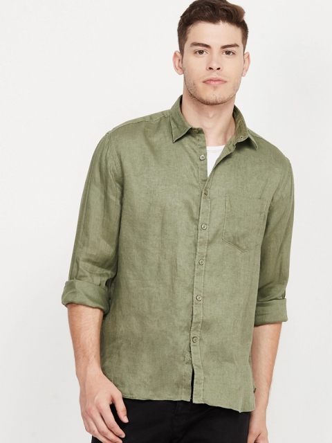 CODE by Lifestyle Men Olive Green Regular Fit Solid Linen Casual Shirt