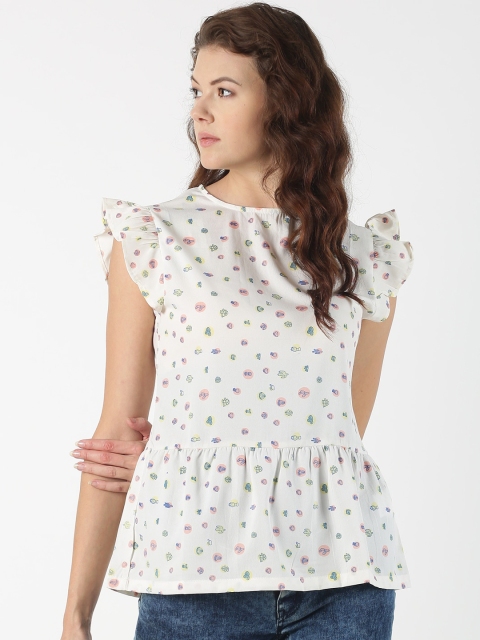 Blue Saint Women White Printed Peplum Top