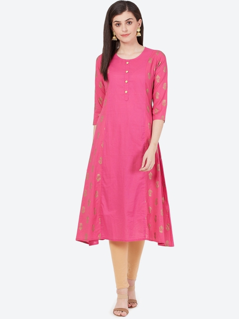 Meeranshi Women Pink & Gold-Coloured Printed A-Line Kurta
