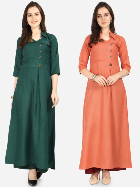 Silk Bazar Women Green & Orange Pack of 2 Solid A-Line Kurta