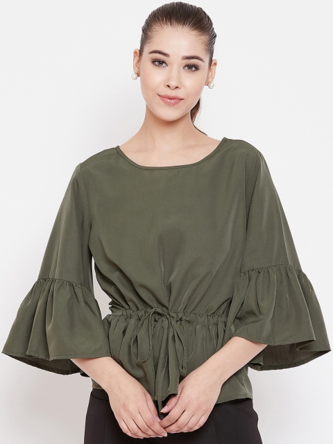 Color Cocktail Women Olive Green Solid Peplum Top