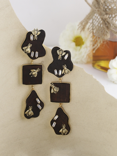 NITAARA Brown & Gold-Toned Contemporary Handcrafted Drop Earrings