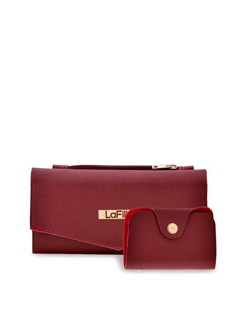 LaFille Women Maroon Solid Three Fold Wallet with a Pouch