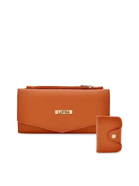 LaFille Women Tan Brown Solid Three Fold Wallet & Card Holder