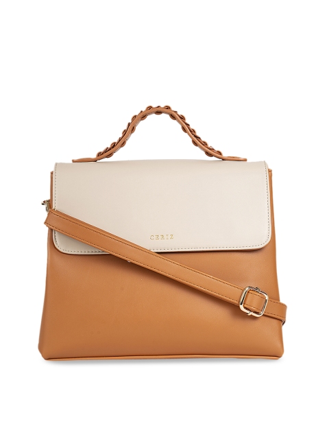 CERIZ Mustard Yellow & Beige Colourblocked Satchel