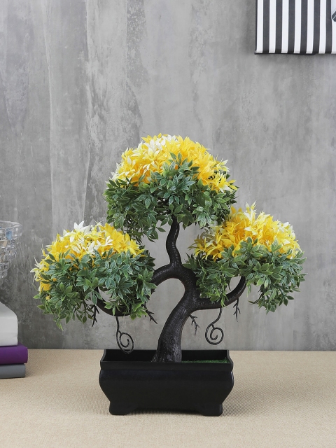 FOLIYAJ Green & Yellow Artificial Bonsai Tree With Leaves & Black Pot