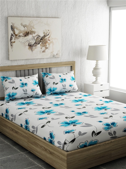 EverHOME White & Blue Floral 144 TC Cotton 1 Queen Bedsheet with 2 Pillow Covers