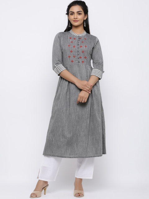 Indi INSIDE Women Grey & White Embroidered Kurta with Trousers