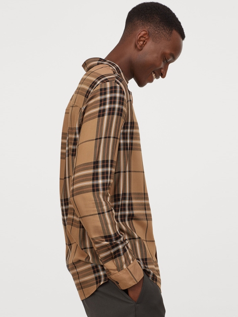 H&M Men Beige & Brown Regular Fit Checked Shirt