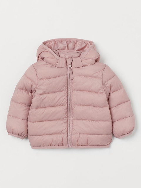 H&M Girls Salmon Pink Solid Hooded Puffer Jacket