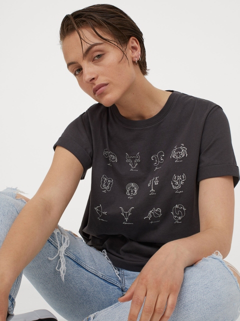 H&M Women Grey Printed Round Neck Cotton T-shirt